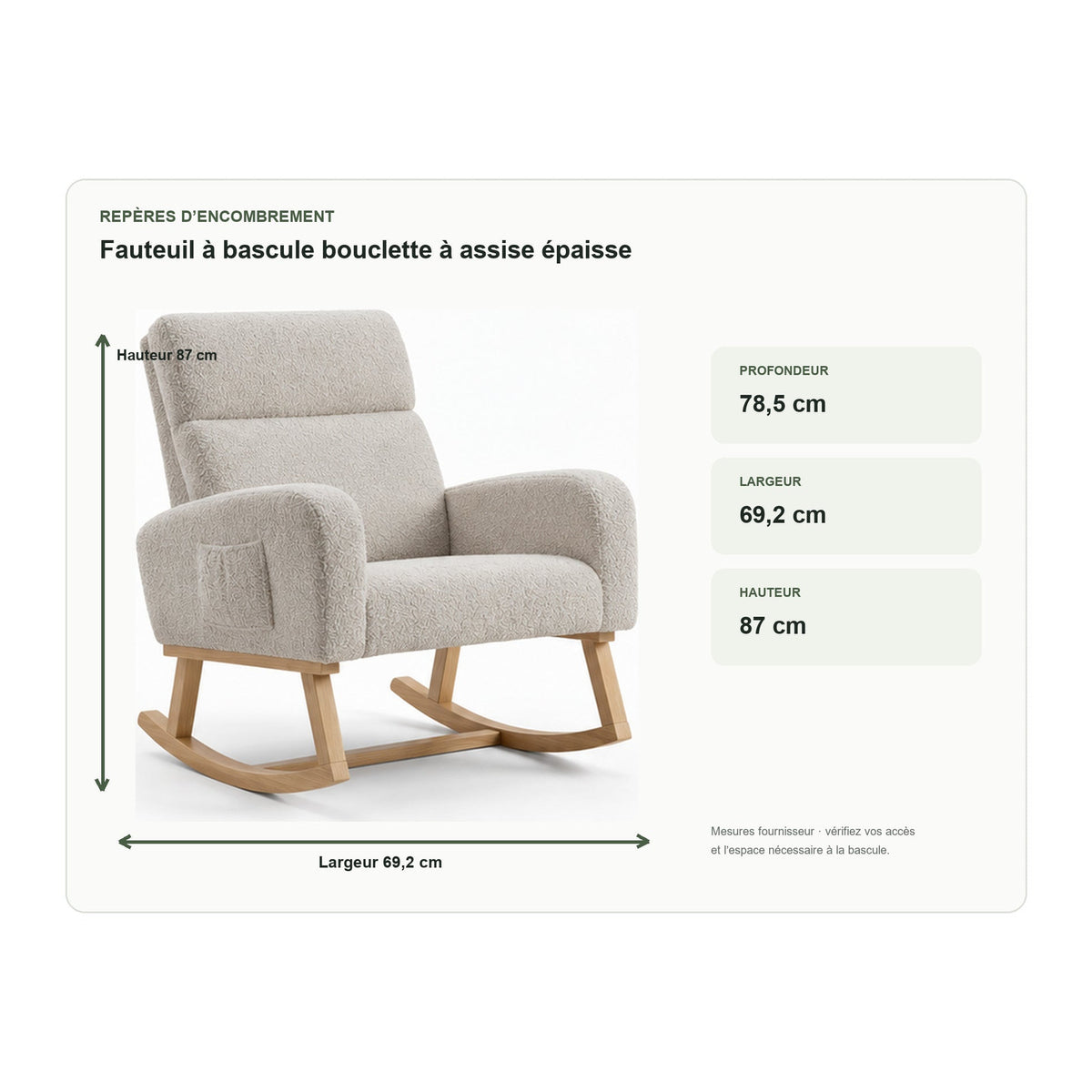 Dimensions de fauteuil à bascule bouclette à assise épaisse