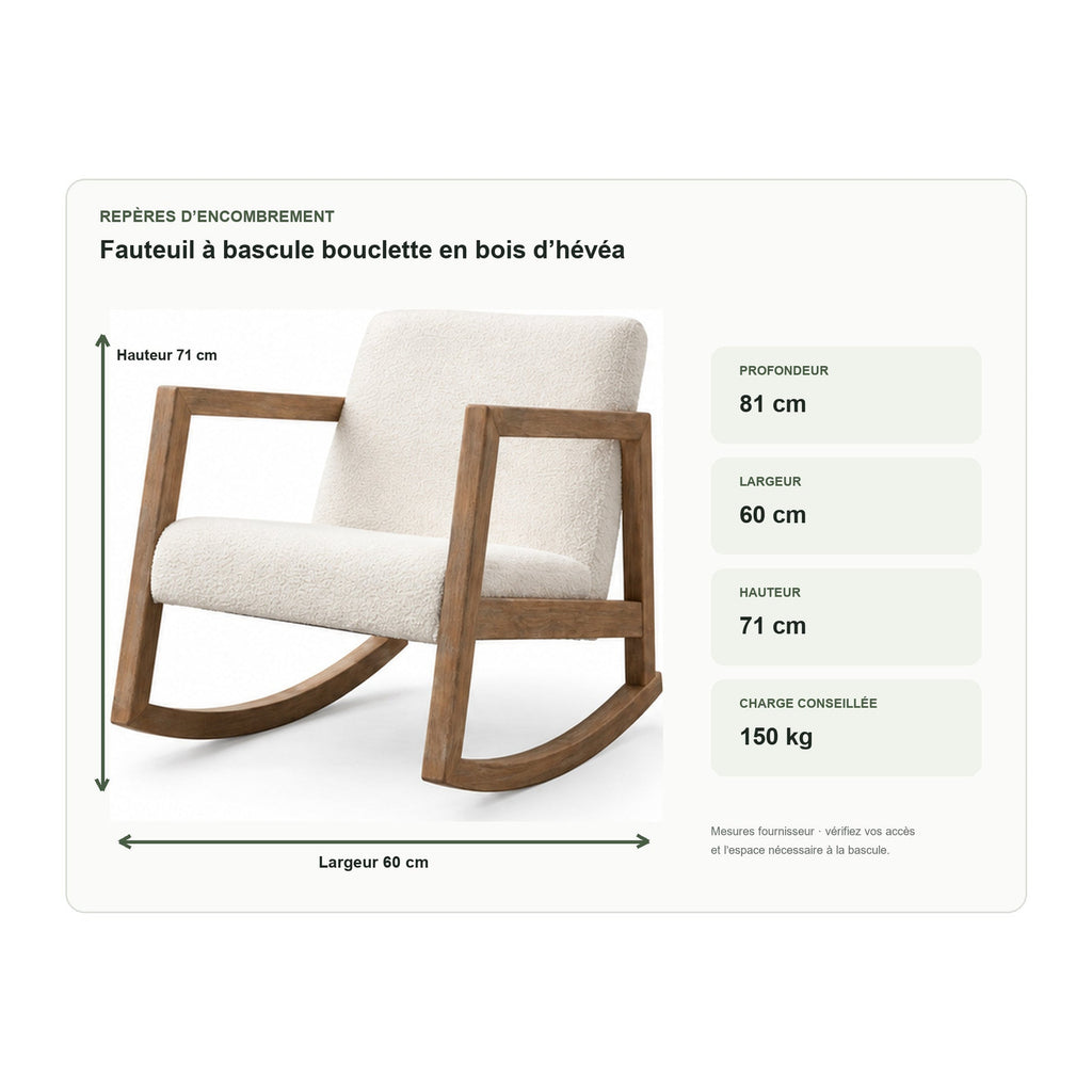 Dimensions de fauteuil à bascule bouclette en bois d’hévéa