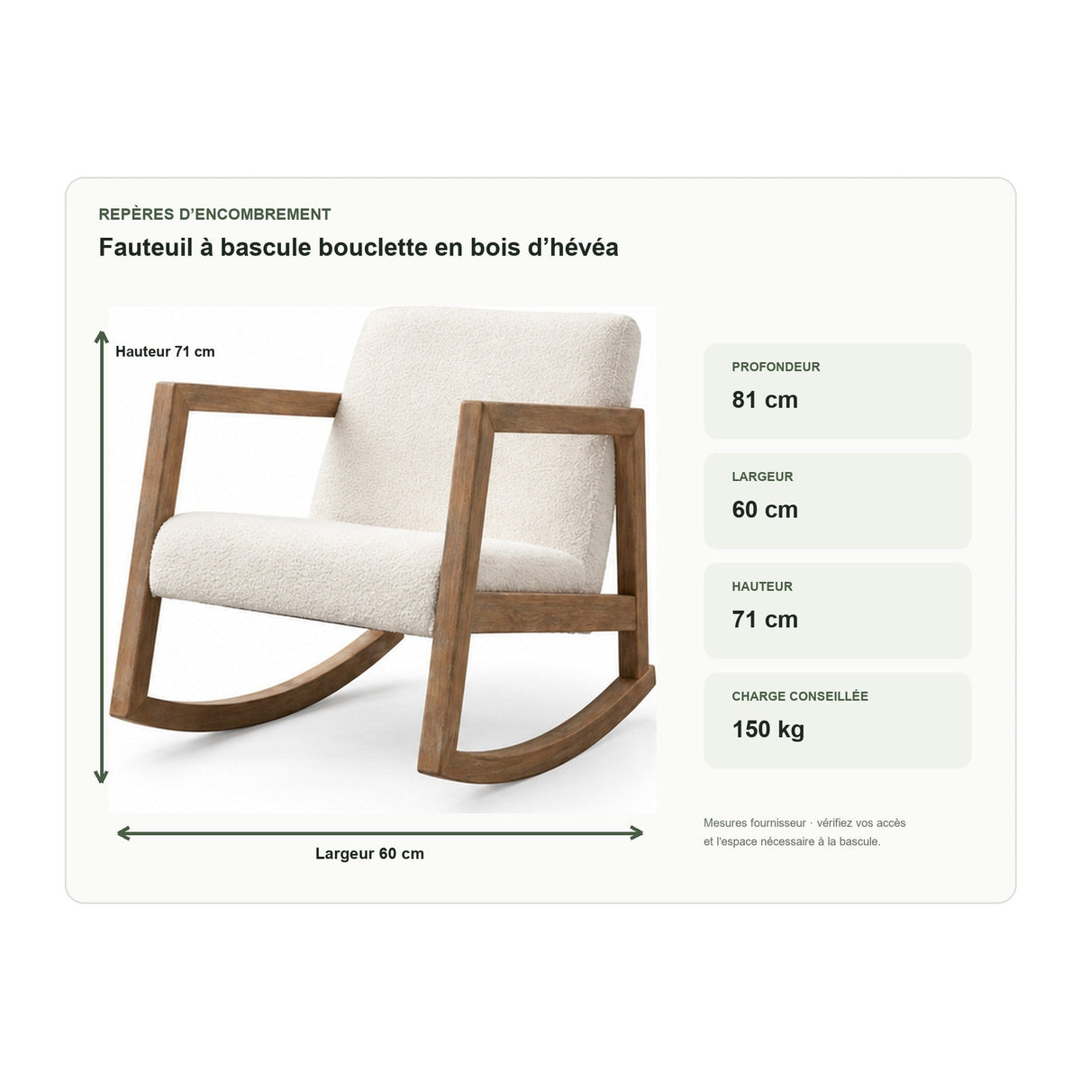 Dimensions de fauteuil à bascule bouclette en bois d’hévéa