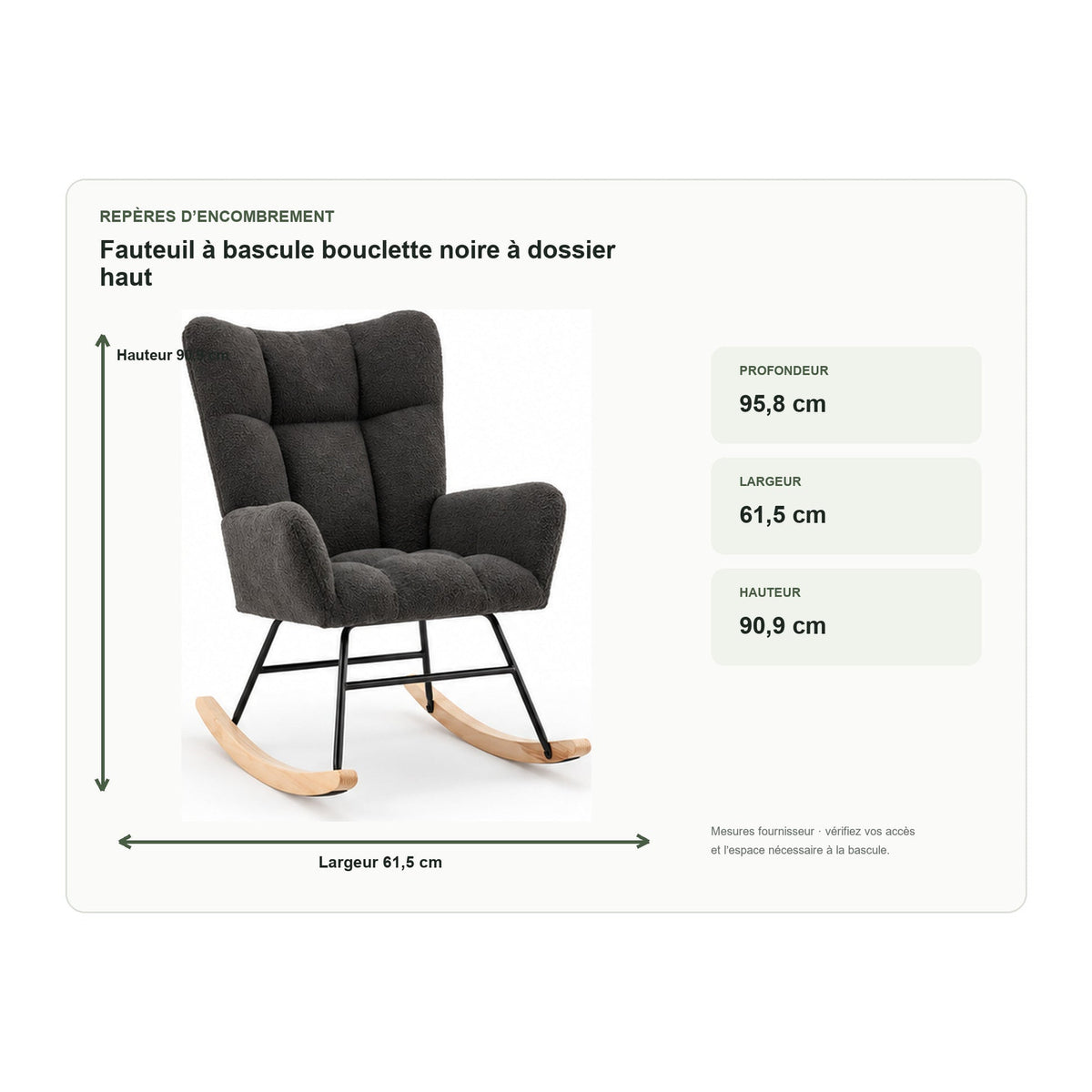 Dimensions de fauteuil à bascule bouclette noire à dossier haut