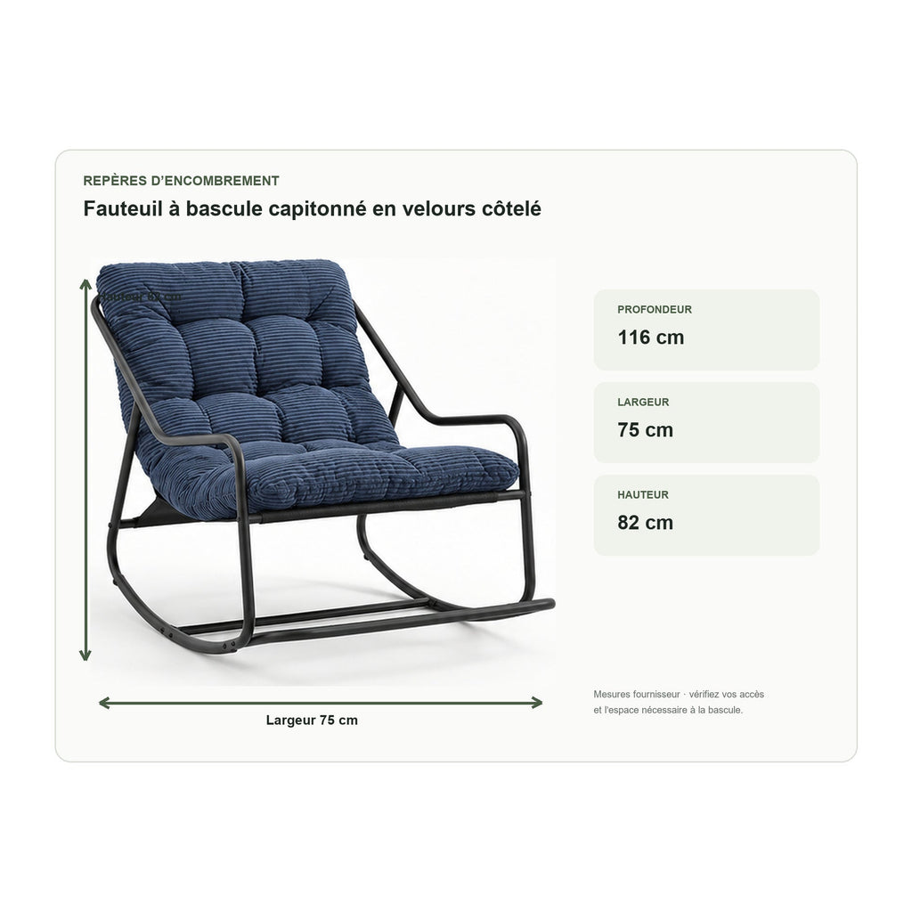 Dimensions de fauteuil à bascule capitonné en velours côtelé