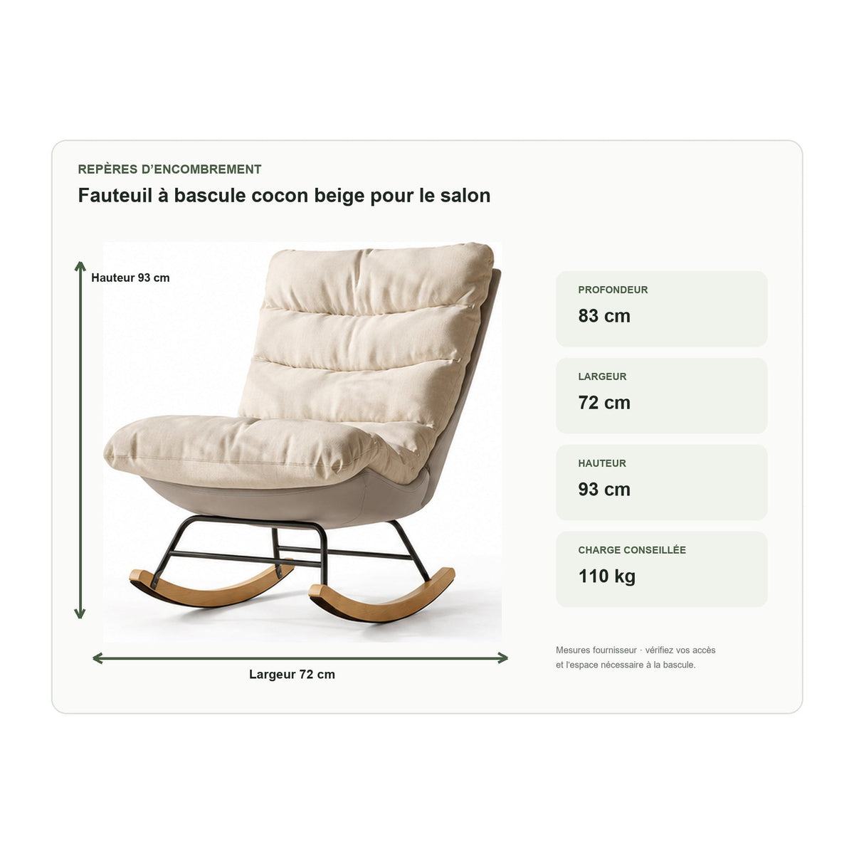 Dimensions de fauteuil à bascule cocon beige pour le salon