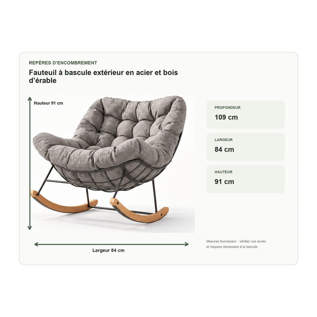 Dimensions de fauteuil à bascule extérieur en acier et bois d’érable
