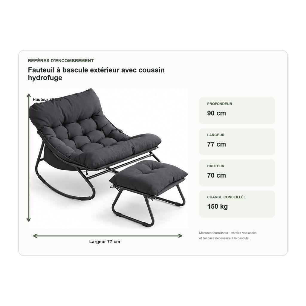 Dimensions de fauteuil à bascule extérieur avec coussin hydrofuge