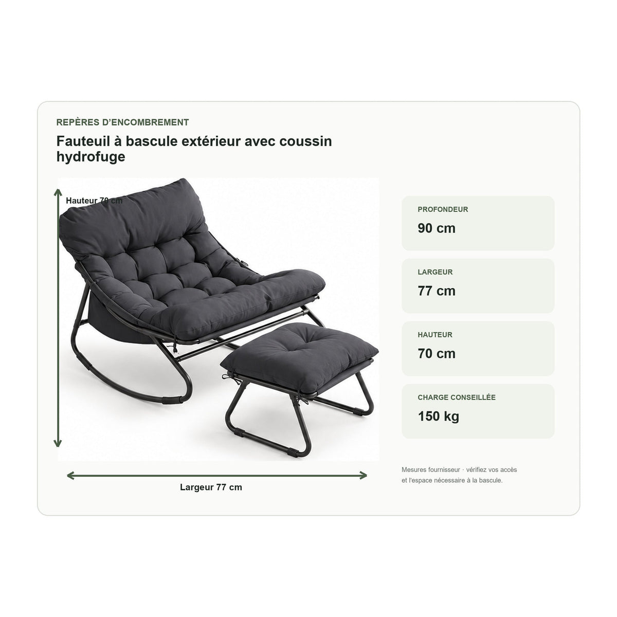Dimensions de fauteuil à bascule extérieur avec coussin hydrofuge