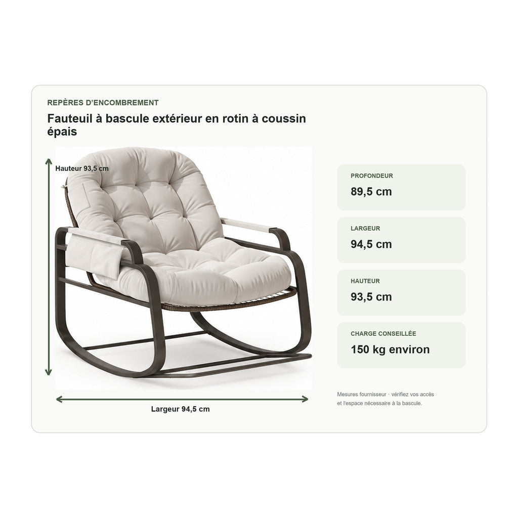 Dimensions du fauteuil à bascule extérieur en rotin à coussin épais