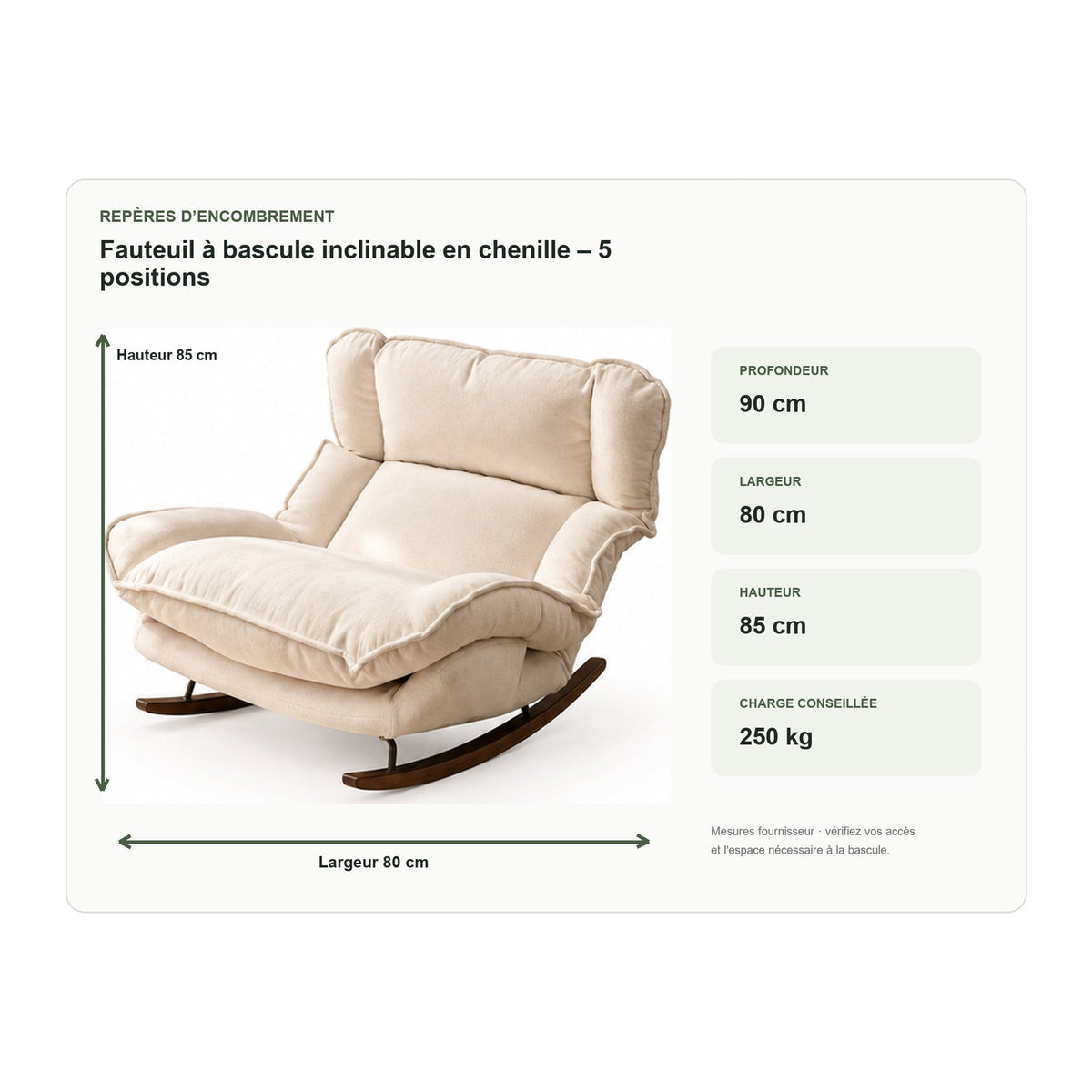Dimensions de fauteuil à bascule inclinable en chenille – 5 positions