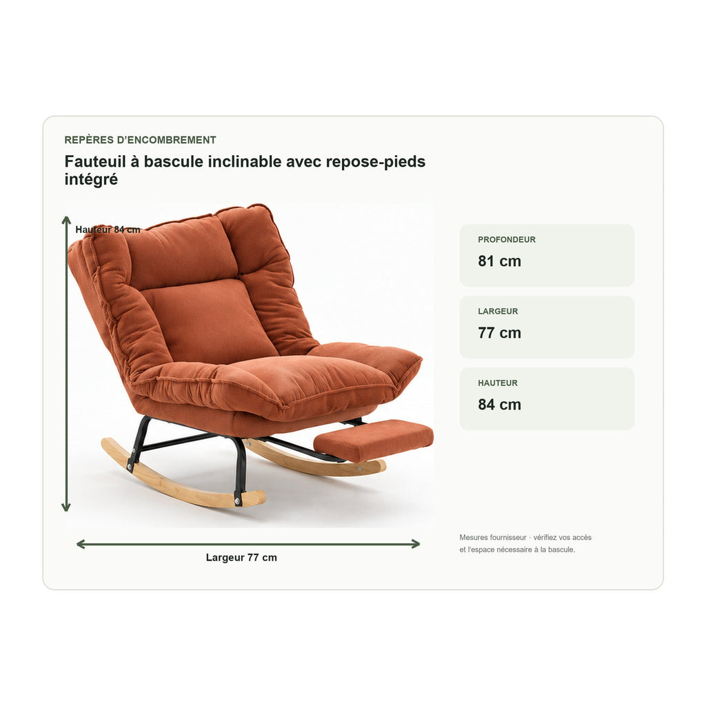 Dimensions de fauteuil à bascule inclinable avec repose-pieds intégré