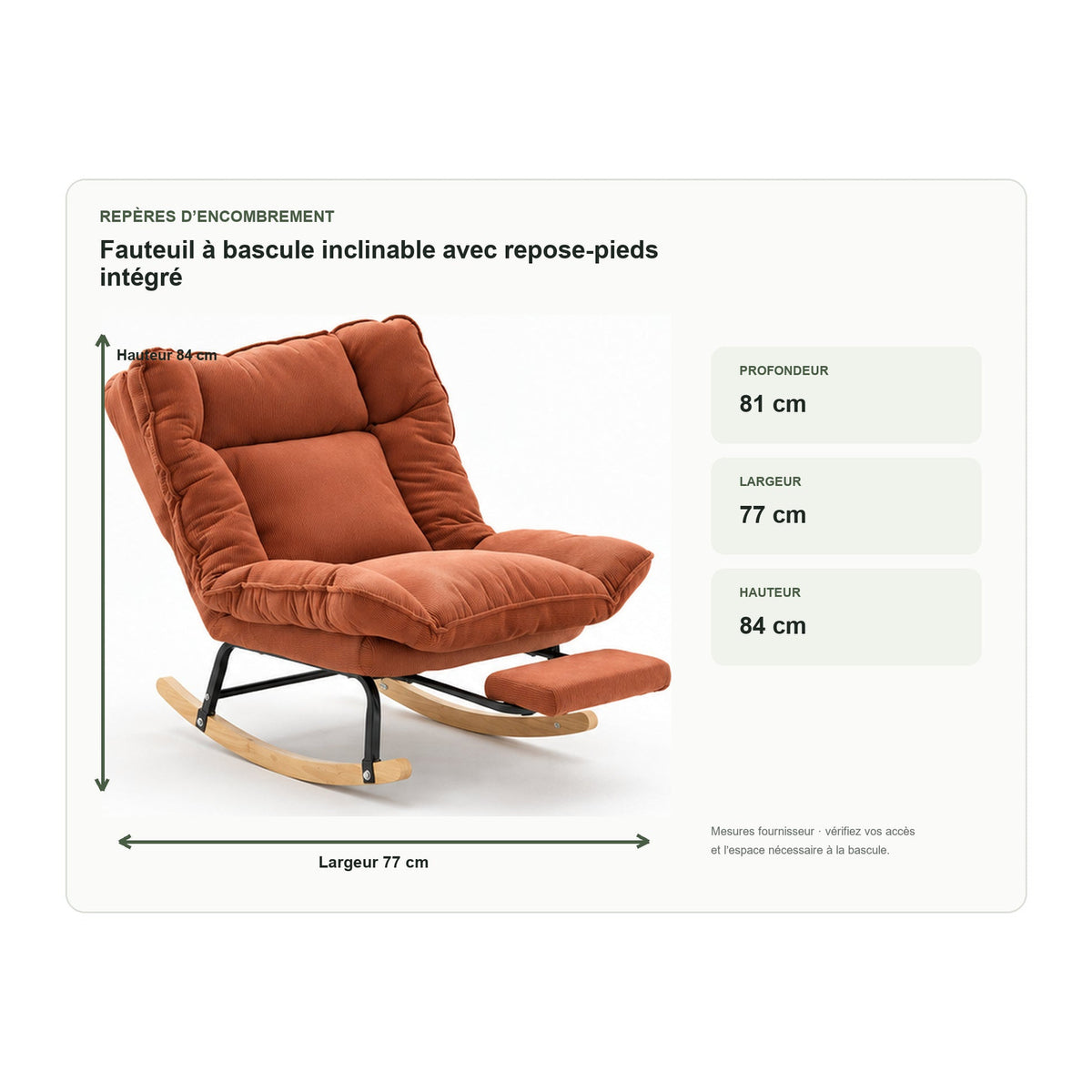 Dimensions de fauteuil à bascule inclinable avec repose-pieds intégré
