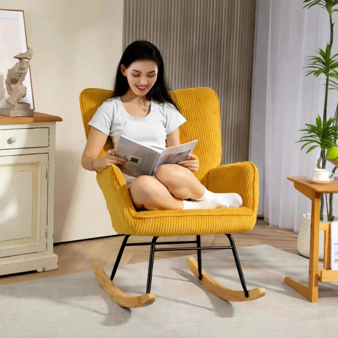 Rocking Chair Tissu Côtelé Bois Scandinave Salon