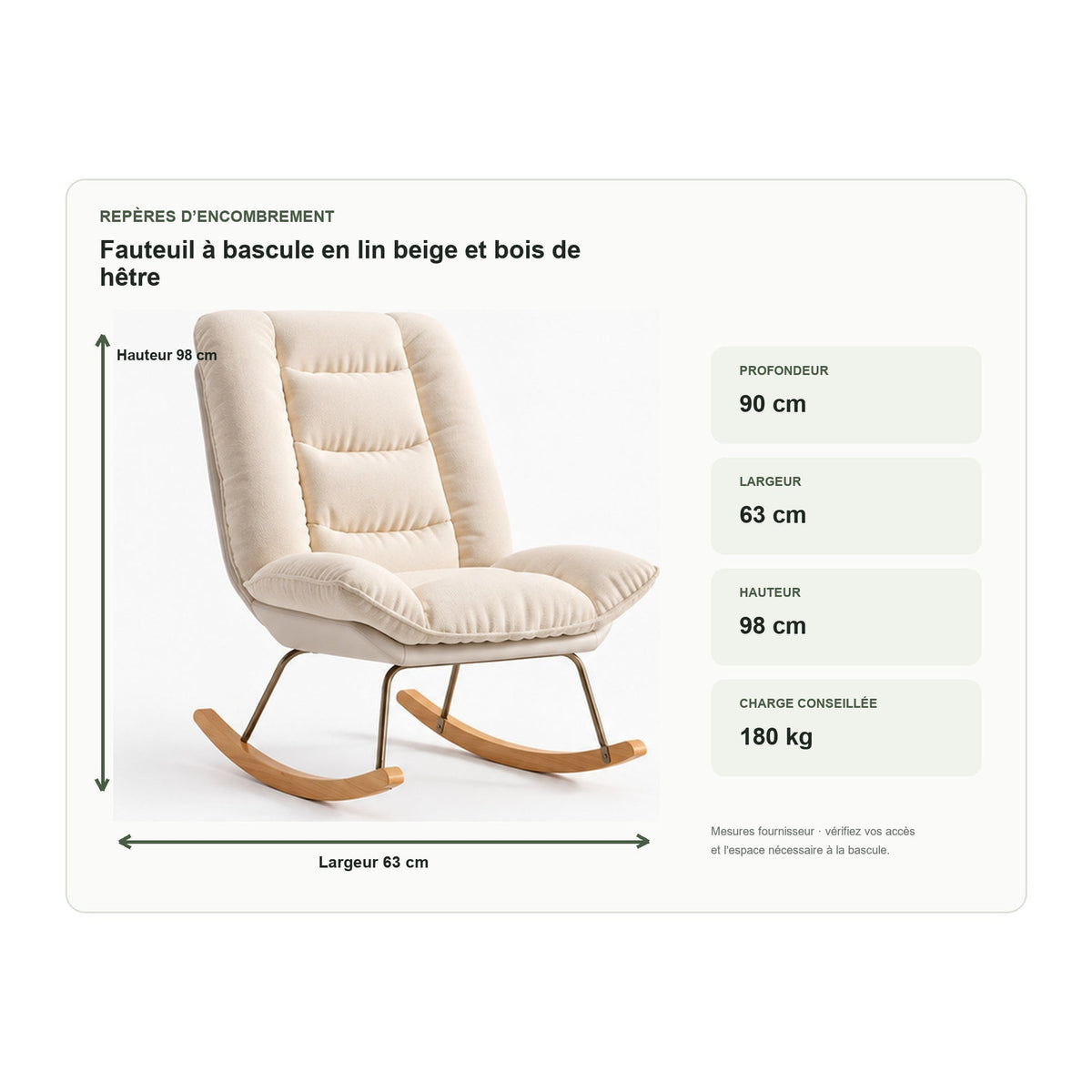 Dimensions du fauteuil à bascule en lin beige et bois de hêtre