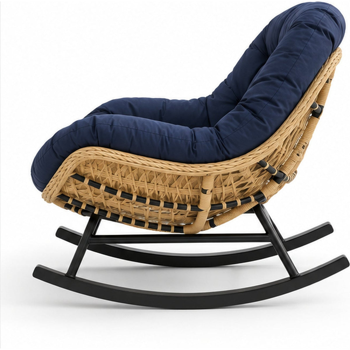 Fauteuil à bascule papasan en rotin à coussin épais — vue laterale