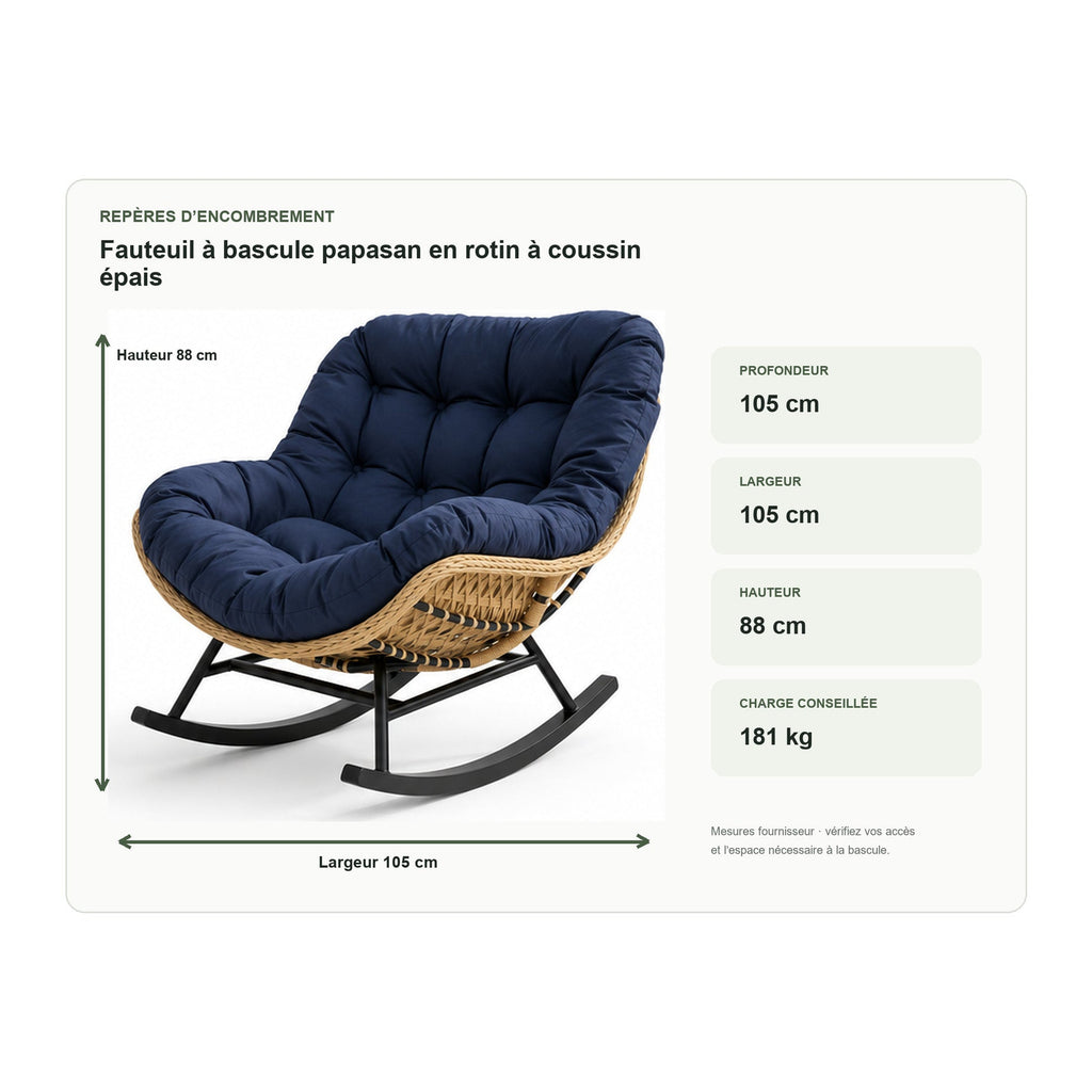 Dimensions de fauteuil à bascule papasan en rotin à coussin épais