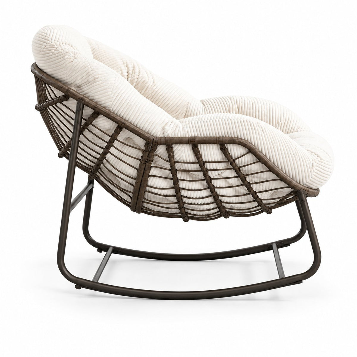 Fauteuil à bascule papasan en rotin et velours côtelé