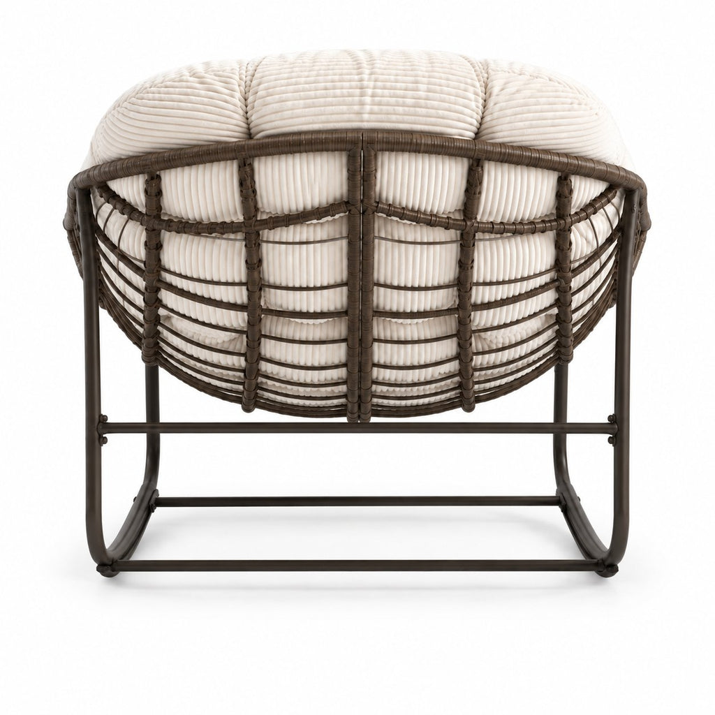 Fauteuil à bascule papasan en rotin et velours côtelé — vue arriere sur fond blanc