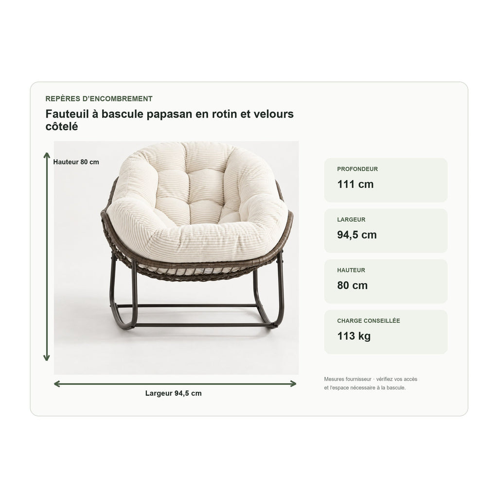 Dimensions de fauteuil à bascule papasan en rotin et velours côtelé