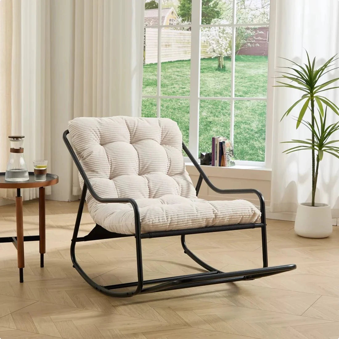 Rocking Chair Corduroy Capitonné Cadre Métal Noir