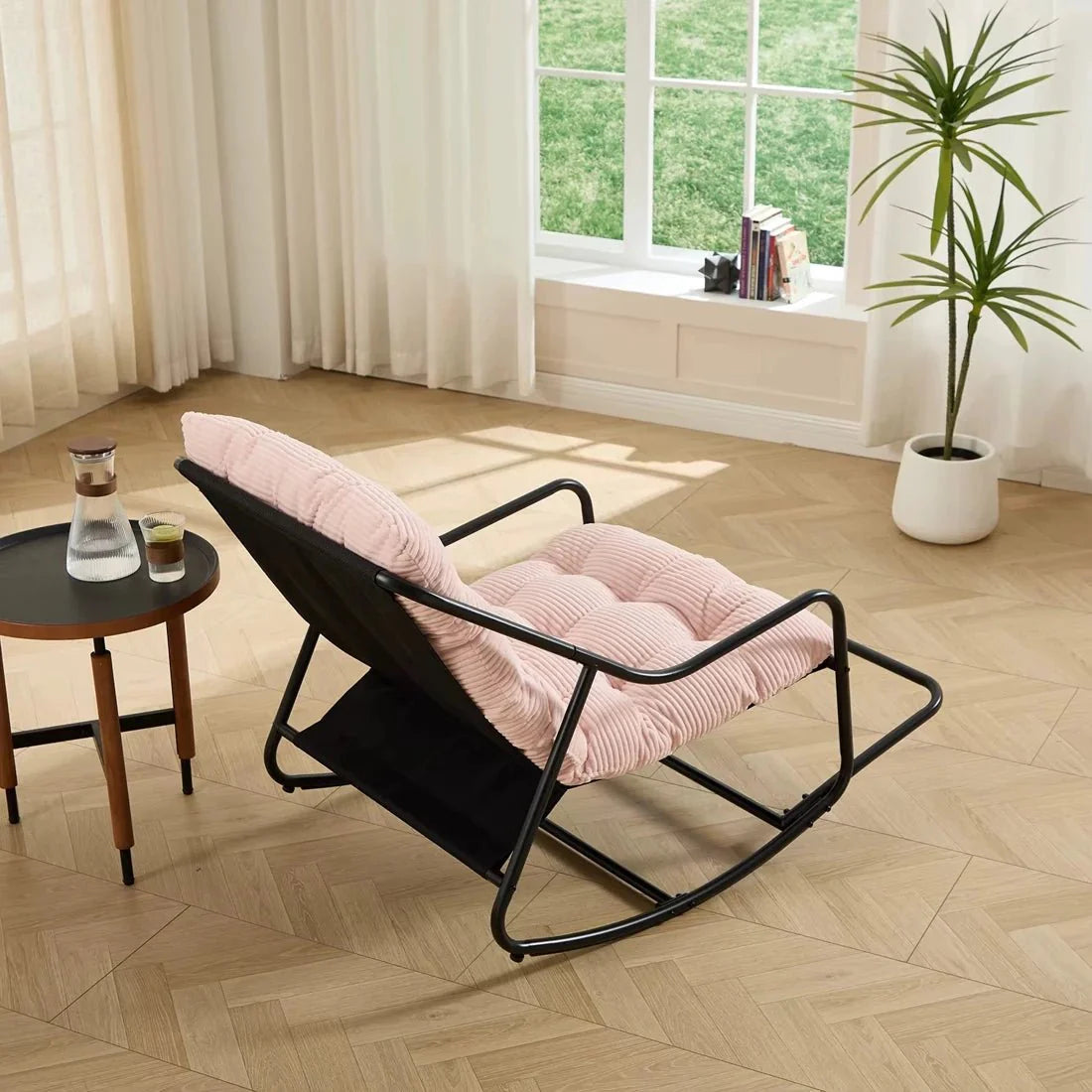 Rocking Chair Corduroy Capitonné Cadre Métal Noir