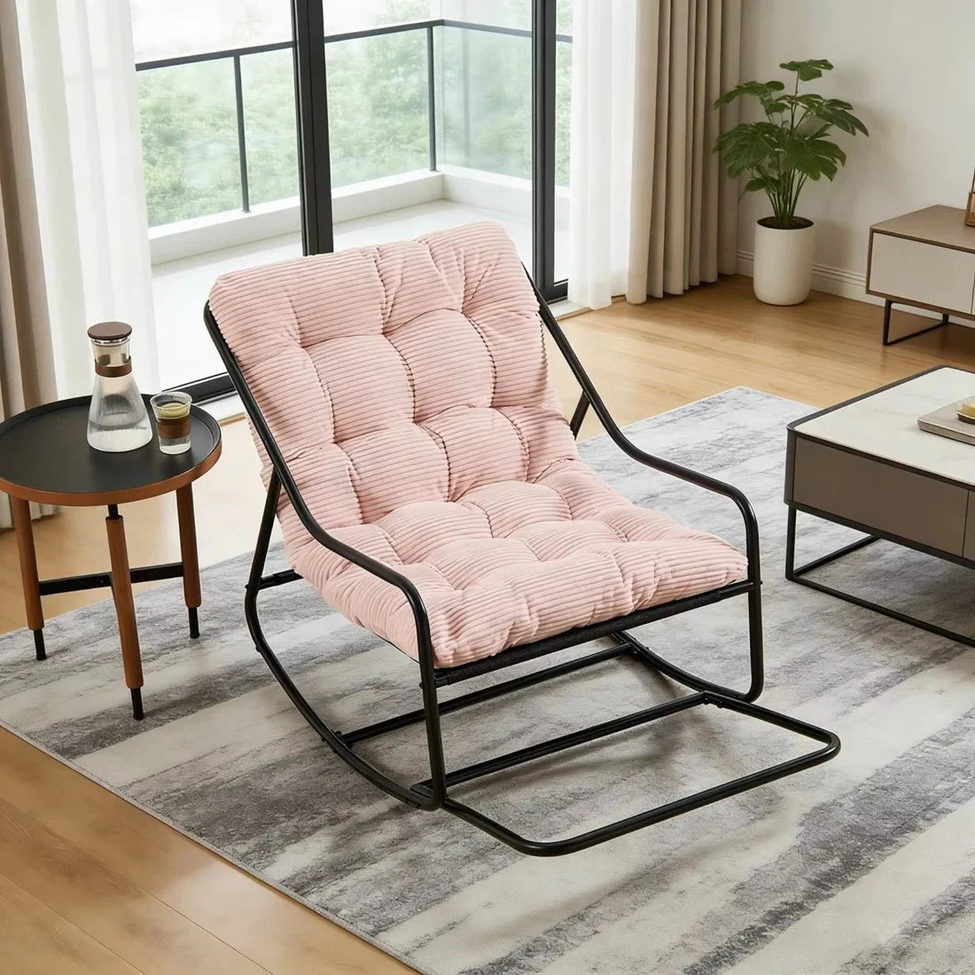Rocking Chair Corduroy Capitonné Cadre Métal Noir