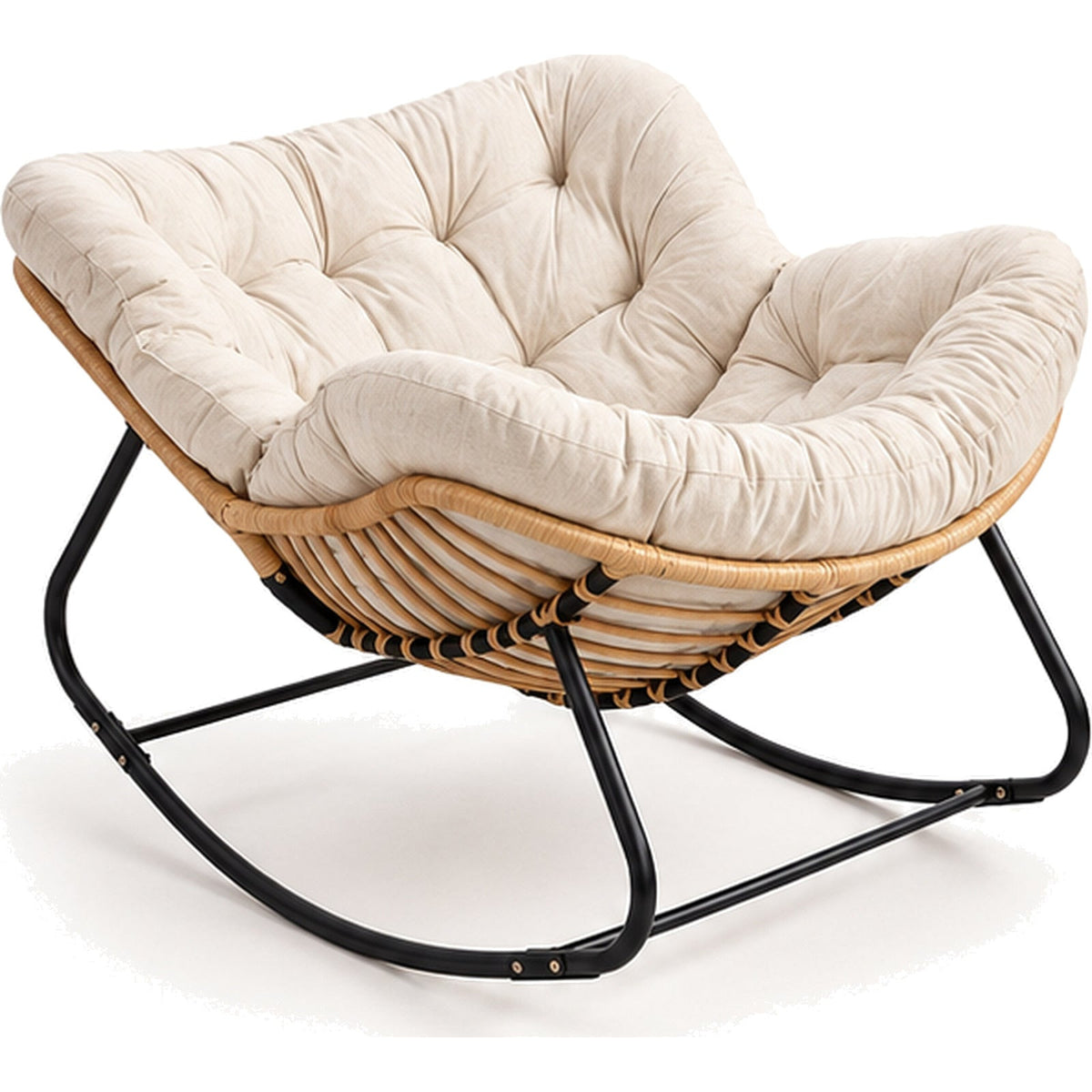 Fauteuil à bascule en rotin avec coussin matelassé