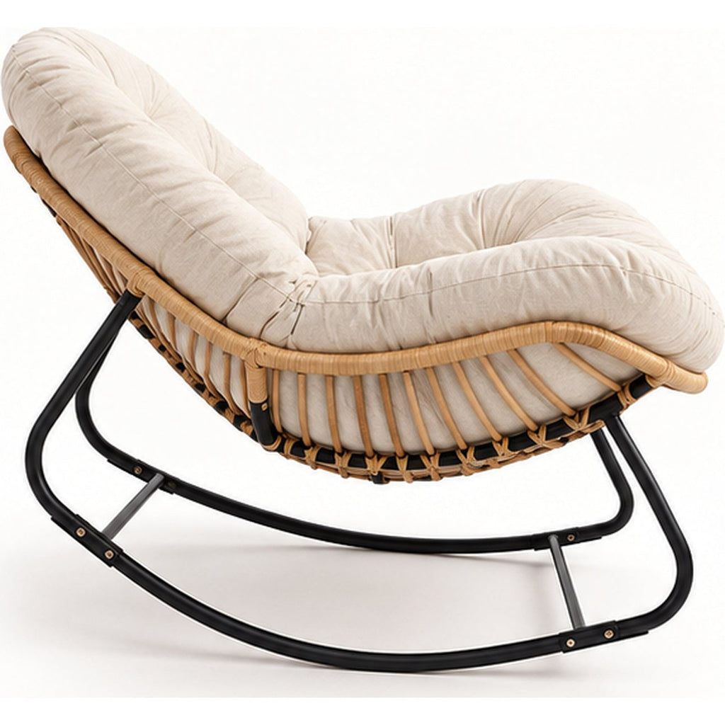 Fauteuil à bascule en rotin avec coussin matelassé — vue profil