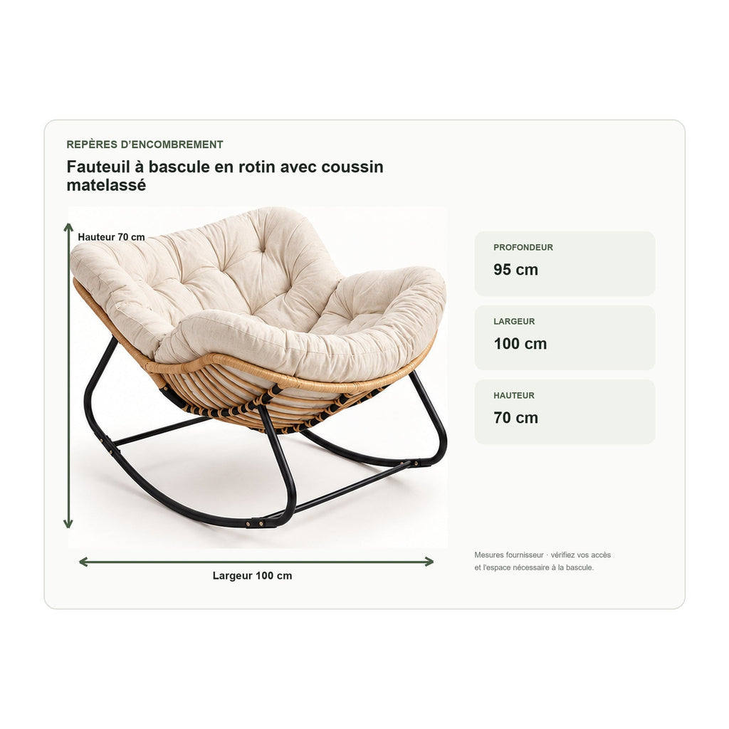 Dimensions du fauteuil à bascule en rotin avec coussin matelassé