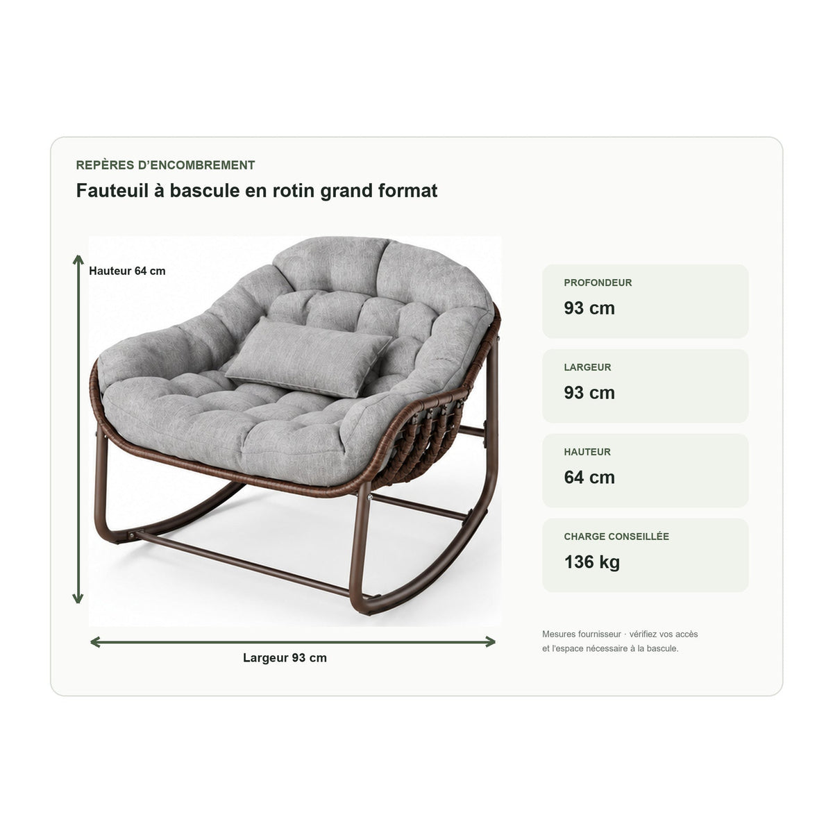 Dimensions de fauteuil à bascule en rotin grand format