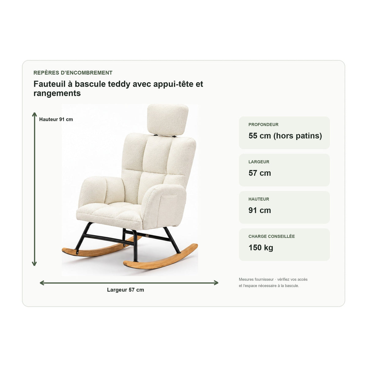 Dimensions de fauteuil à bascule teddy avec appui-tête et rangements