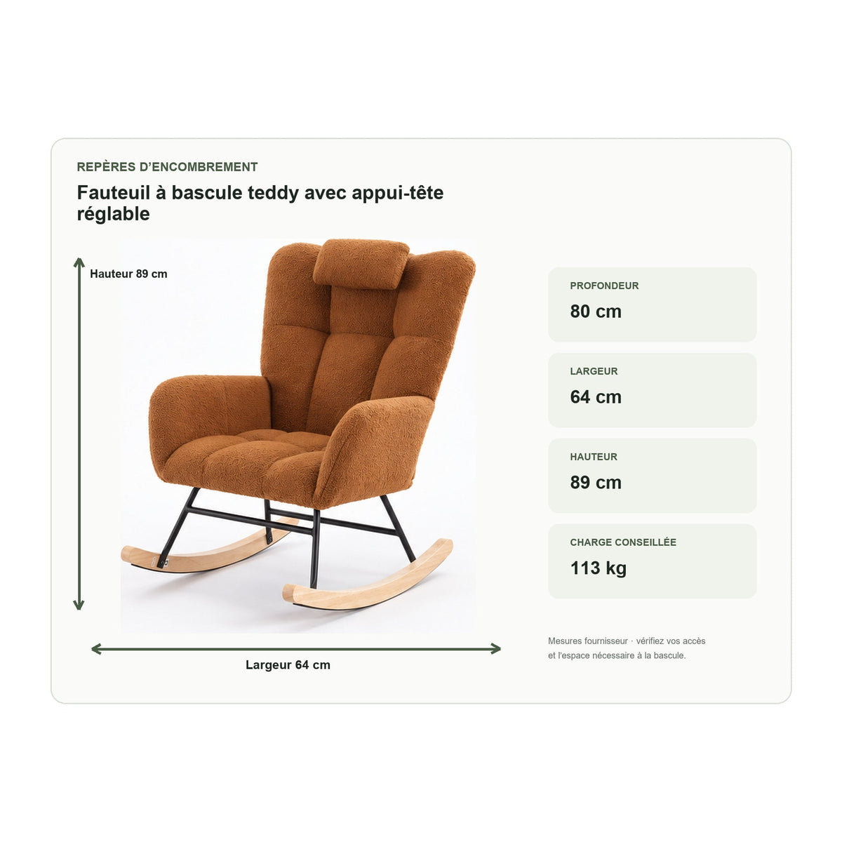 Dimensions de fauteuil à bascule teddy avec appui-tête réglable