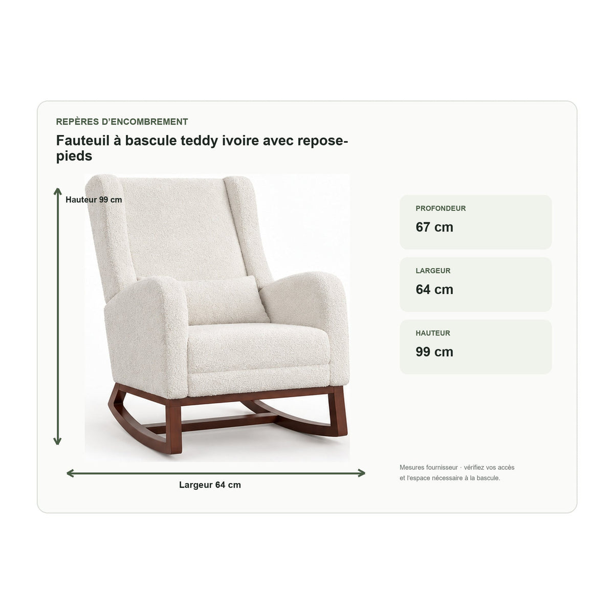 Dimensions de fauteuil à bascule teddy ivoire avec repose-pieds