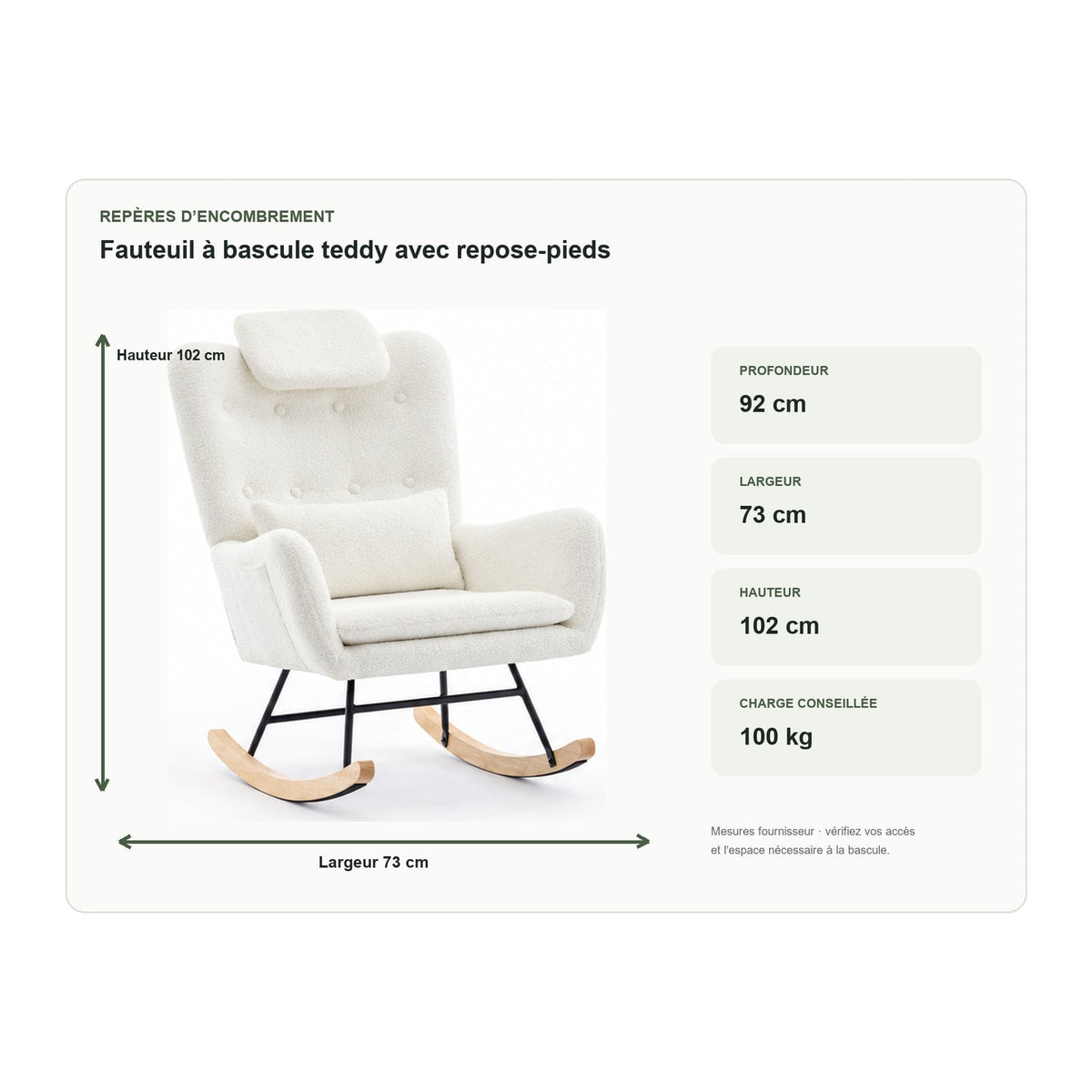 Dimensions de fauteuil à bascule teddy avec repose-pieds