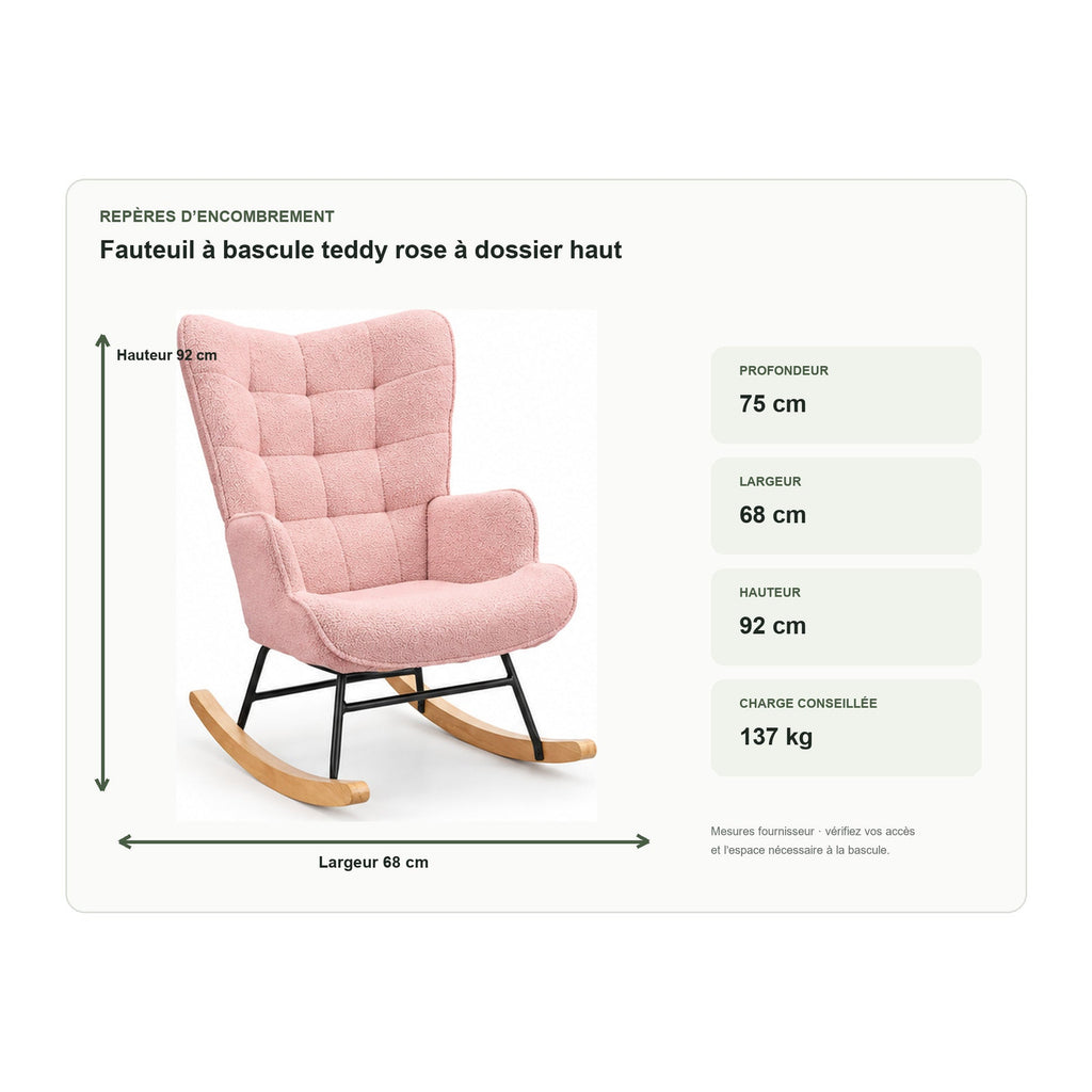 Dimensions du fauteuil à bascule teddy rose à dossier haut