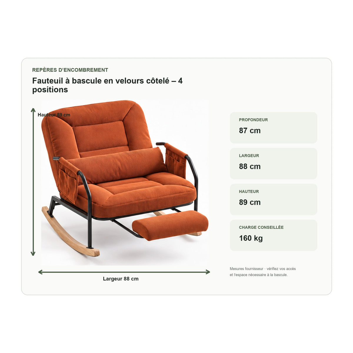 Dimensions de fauteuil à bascule en velours côtelé – 4 positions