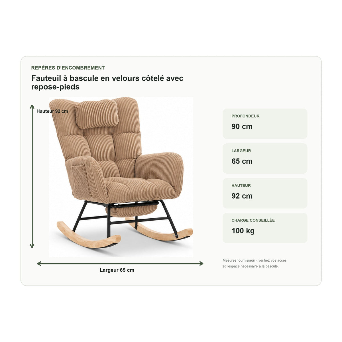 Dimensions de fauteuil à bascule en velours côtelé avec repose-pieds