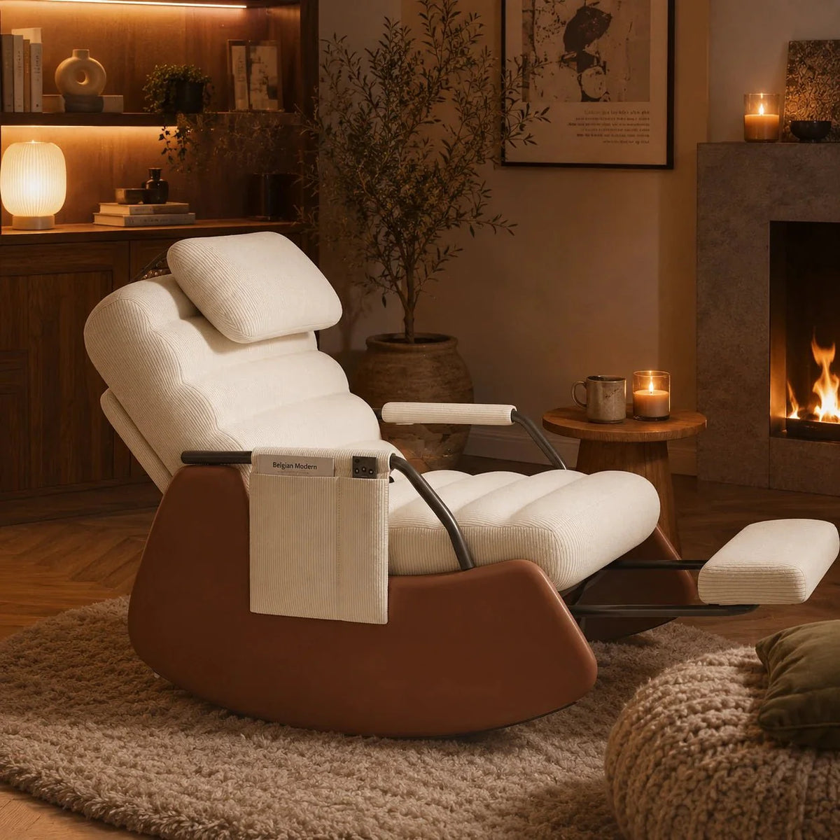 Rocking Chair Velours Côtelé Bois Massif Design Intérieur — vue 4