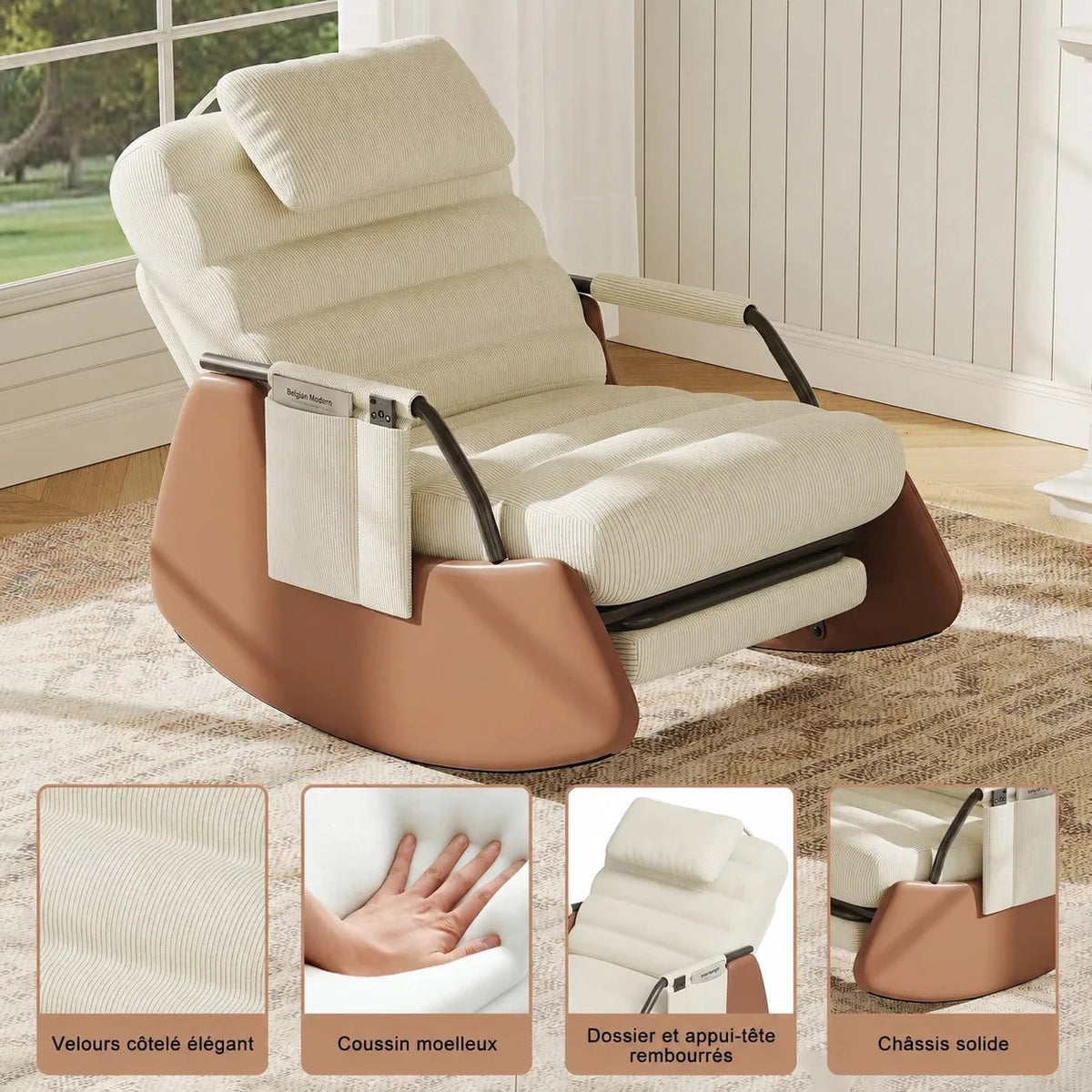 Rocking Chair Velours Côtelé Bois Massif Design Intérieur — vue 3