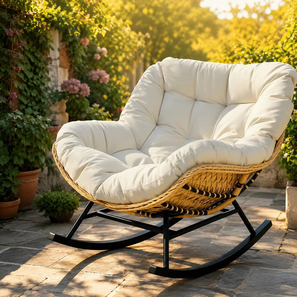 Fauteuil à Bascule Papasan Rotin Plein Coussin Épais