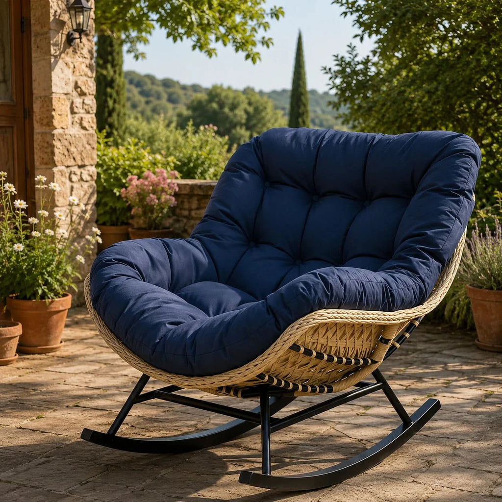 Fauteuil à Bascule Papasan Rotin Plein Coussin Épais