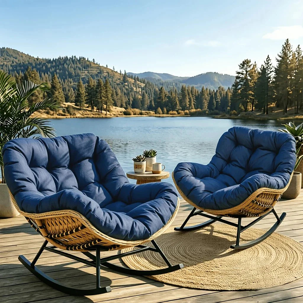 Fauteuil à Bascule Papasan Rotin Plein Coussin Épais