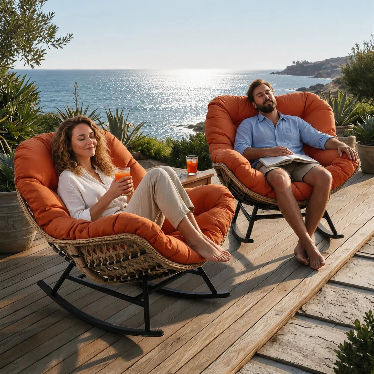 Fauteuil à Bascule Papasan Rotin Plein Coussin Épais