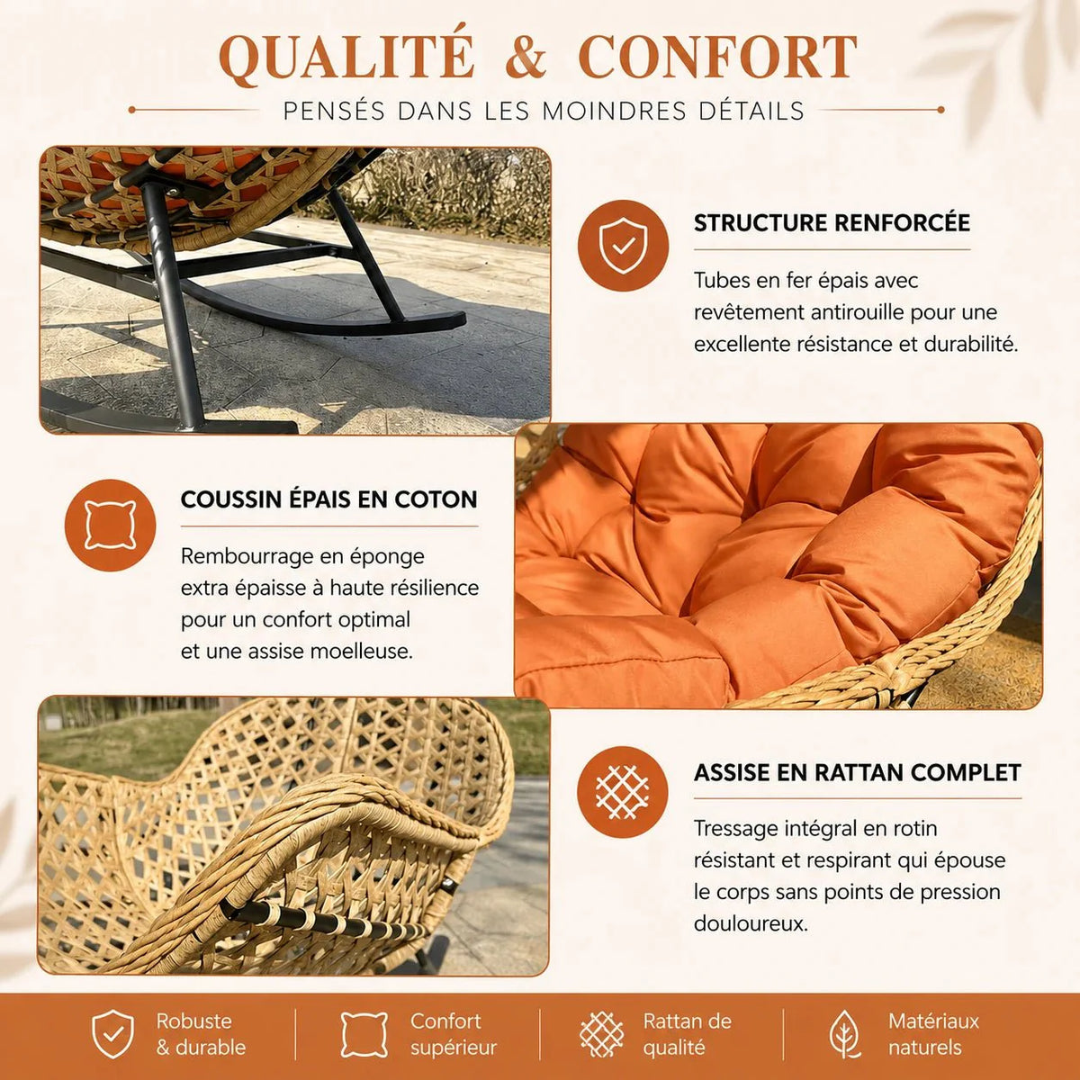 Fauteuil à Bascule Papasan Rotin Plein Coussin Épais — vue 3