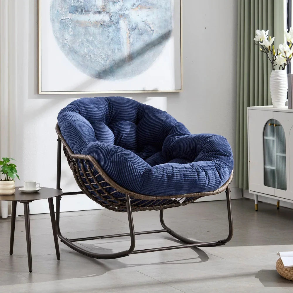 Fauteuil à Bascule Papasan Rotin Velours Côtelé
