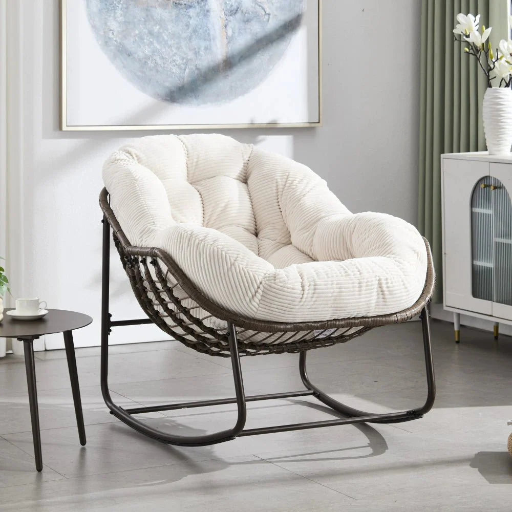 Fauteuil à Bascule Papasan Rotin Velours Côtelé — Zondora