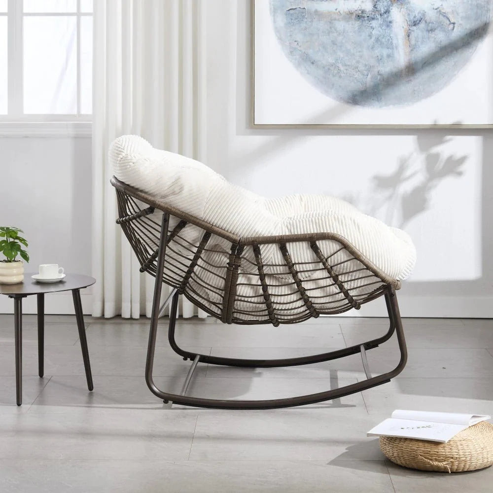 Fauteuil à Bascule Papasan Rotin Velours Côtelé