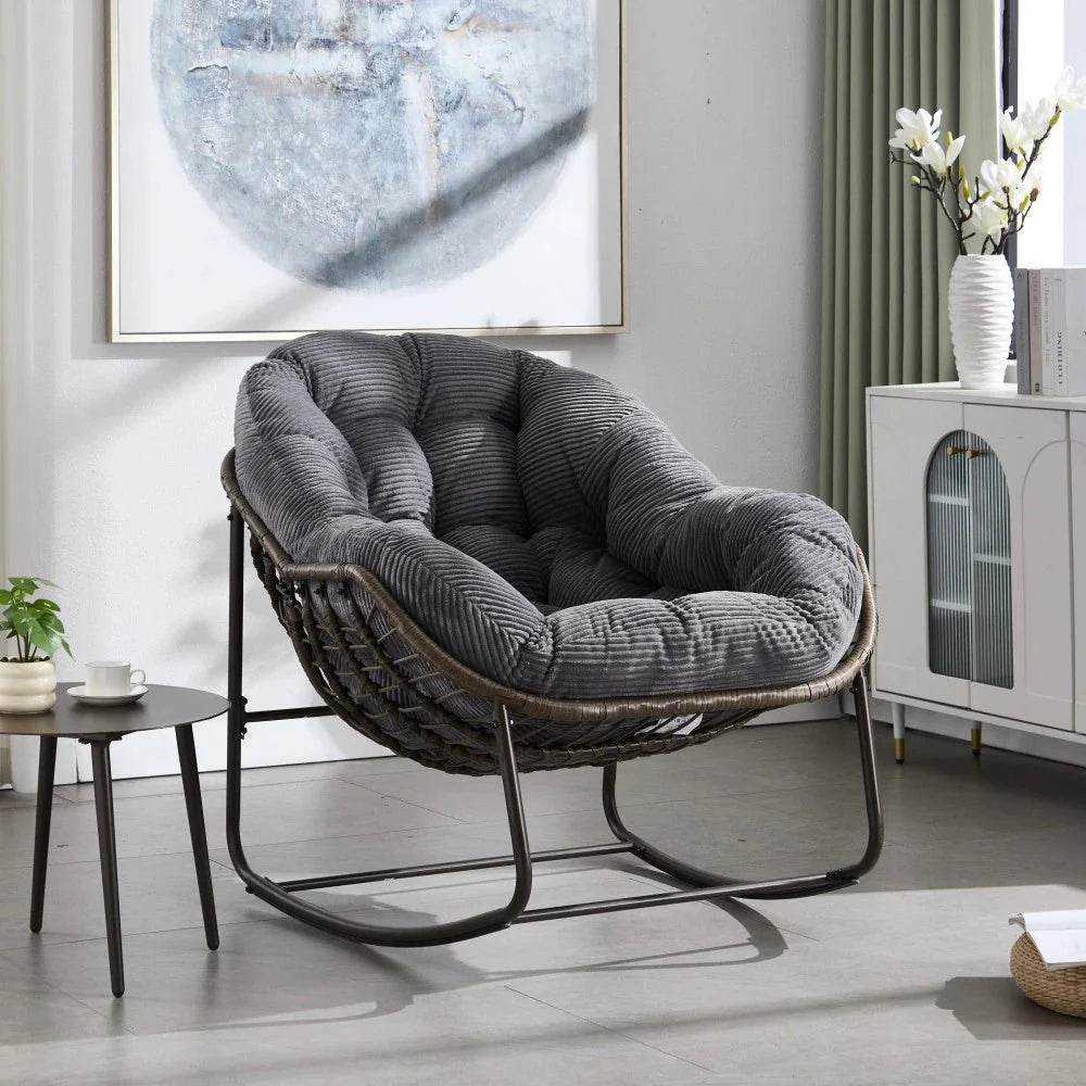Fauteuil à Bascule Papasan Rotin Velours Côtelé