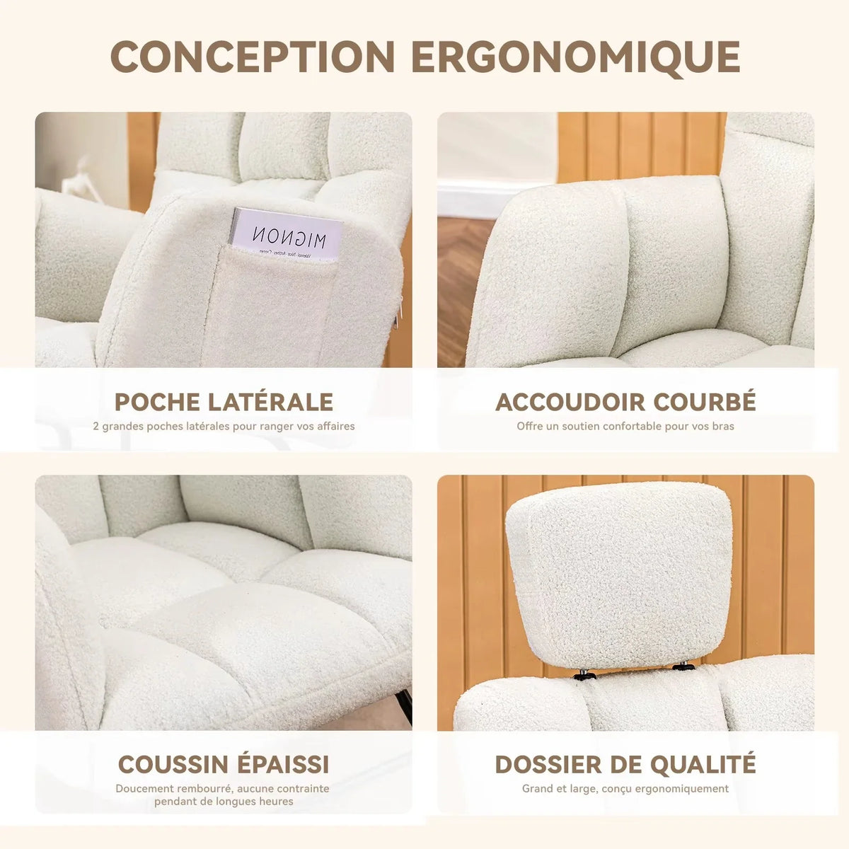 Rocking Chair Allaitement Ultra Doux Appui-Tête Accoudoirs — vue 4