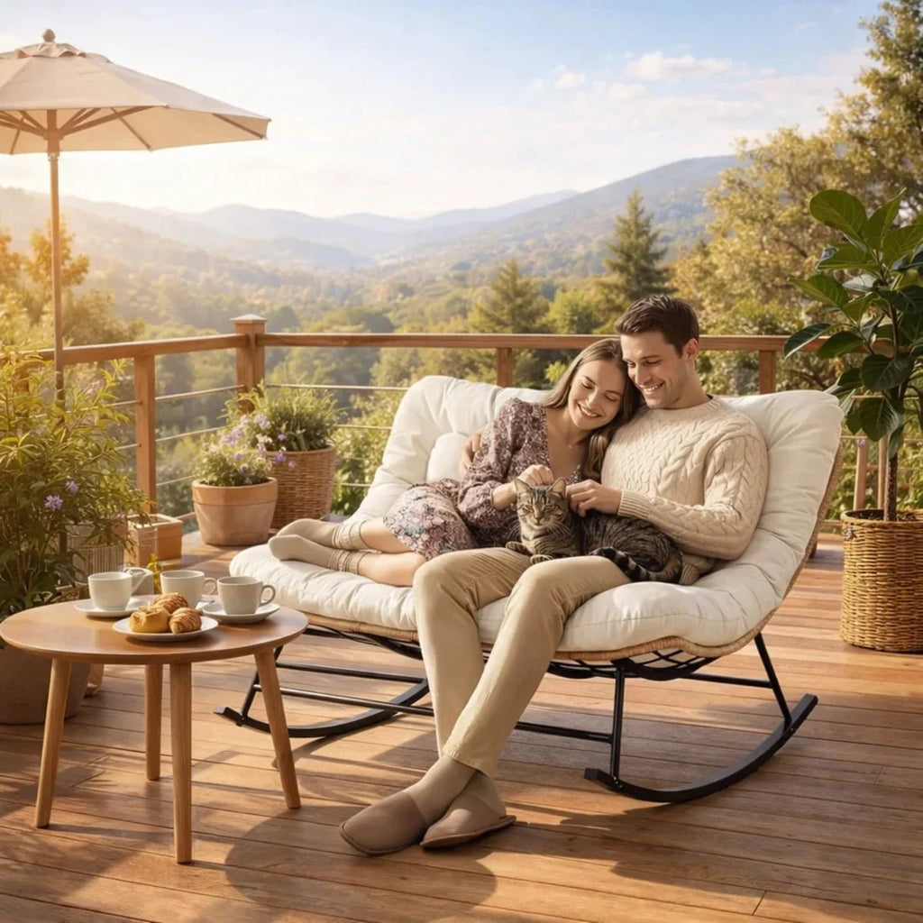 Rocking Chair Rotin 2 Places Coussin XXL Jardin — vue 3