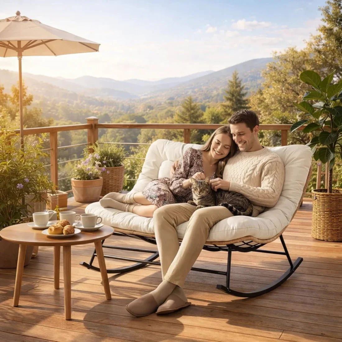 Rocking Chair Rotin 2 Places Coussin XXL Jardin — vue 3
