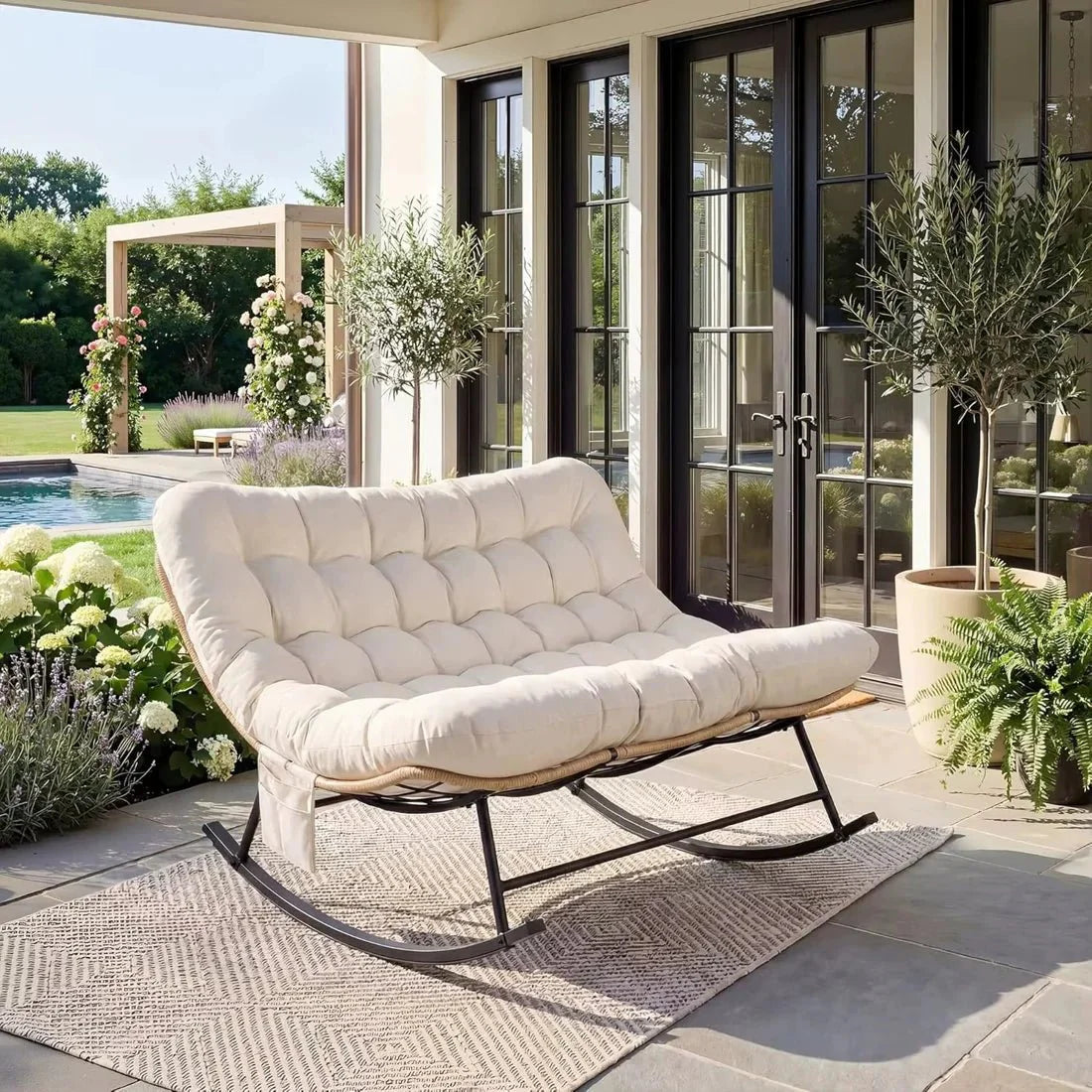 Rocking Chair Rotin 2 Places Coussin XXL Jardin