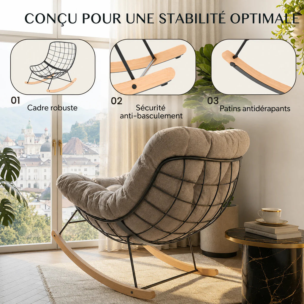 Fauteuil à Bascule Extérieur Acier Bois Érable Coussin Épais — vue 4